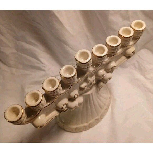 Vintage Ceramic Cream & Gold Trimmed Judaica Hanukkah Menorah Candle Holder - Picture 4 of 6